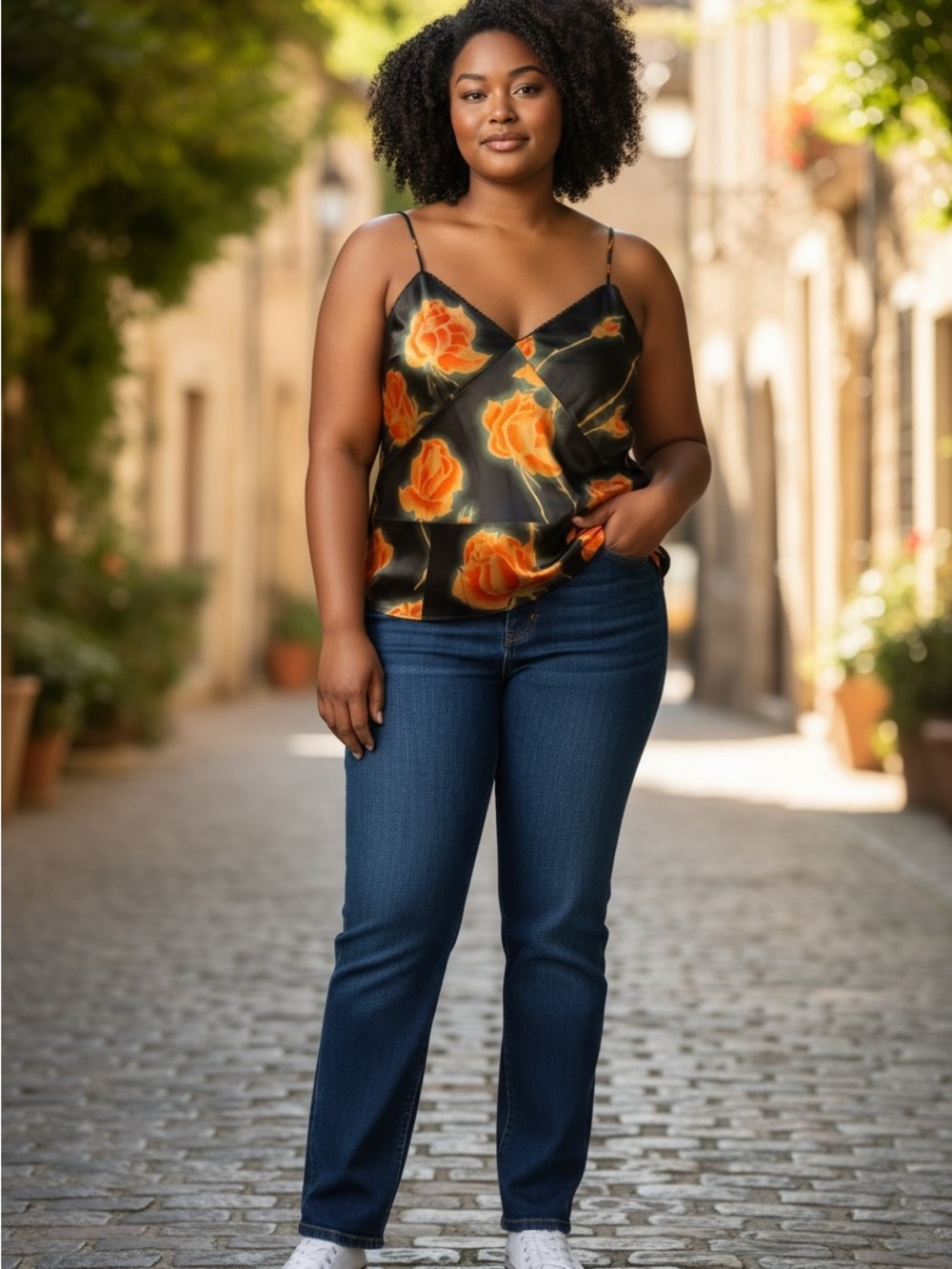 Floral Satin Cami Top - Black with Orange Rose Print